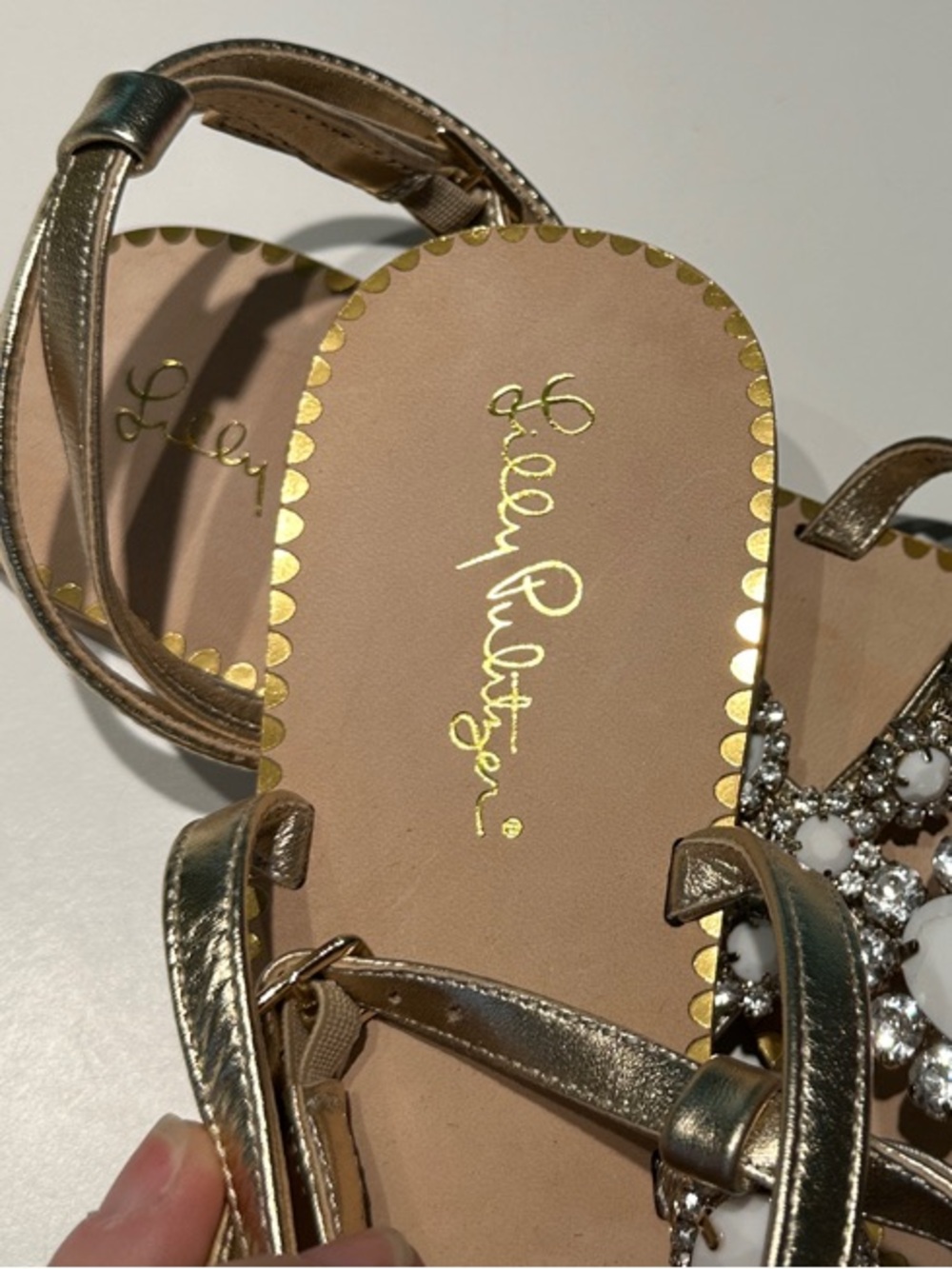 NEW Lilly Pulitzer Gold Katie Sandals with White Gem and Rhinestone Accents - Picture 2 of 9